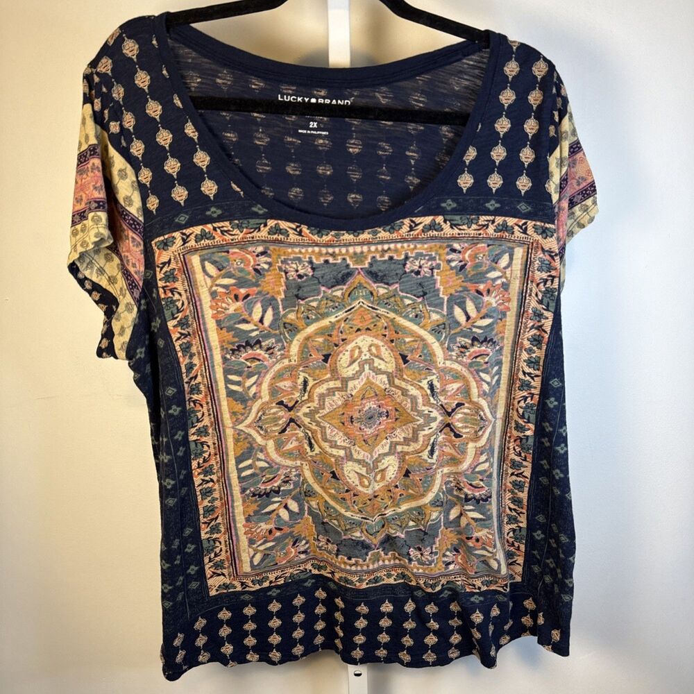 Lucky Brand Navy Medallion Boho Print Short Sleeve Viscose Tee Shirt Size 2X